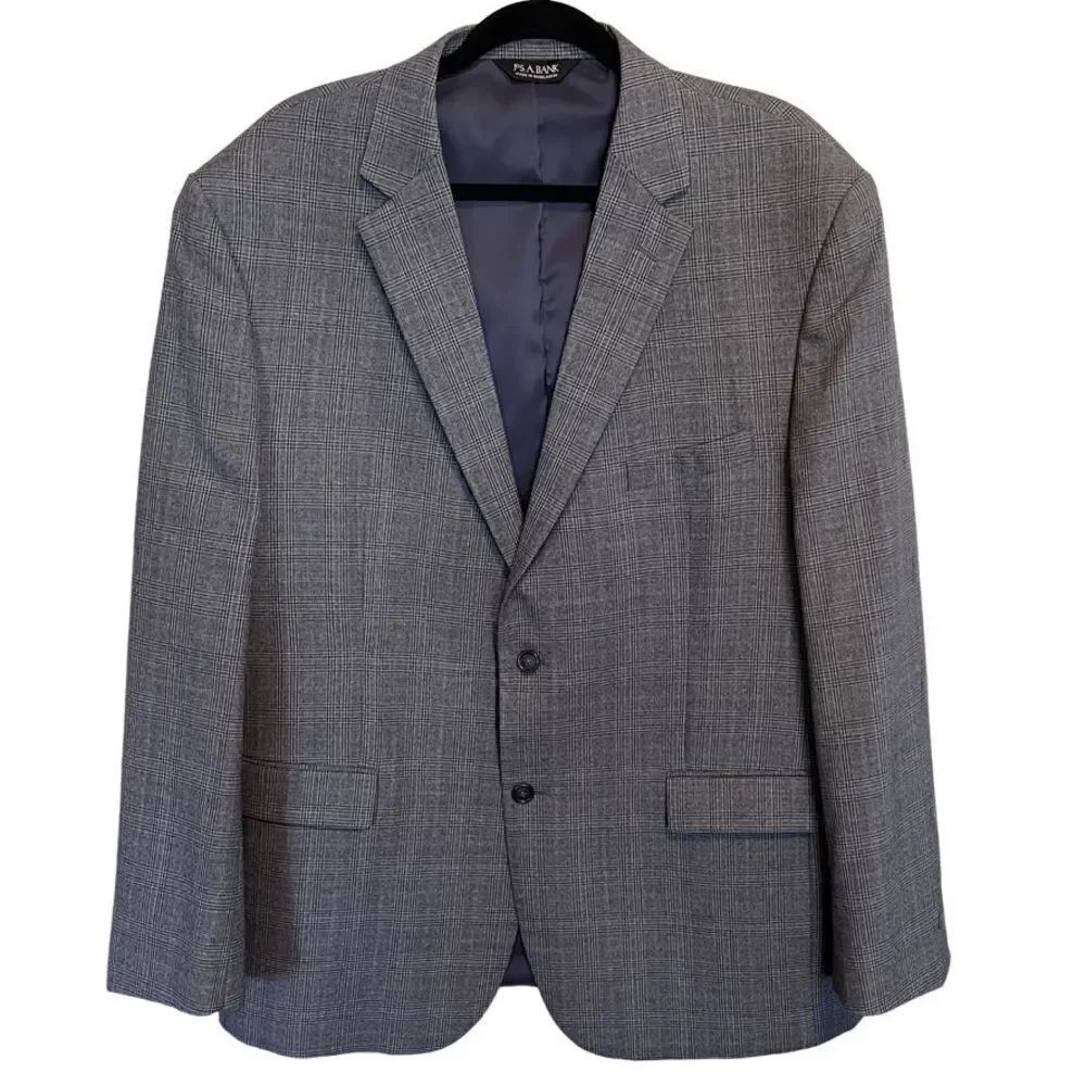 JOS A BANK- Sport Coat Men Jacket Gray Plaid Blazer 100% Wool, 48Long